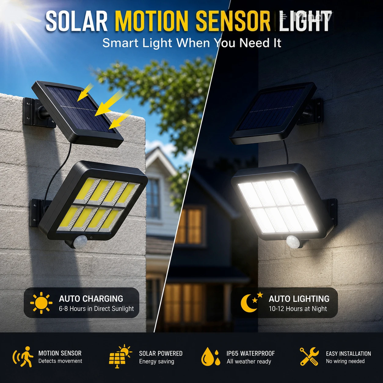 Solar Powered Split Outdoor Wall Light with PIR Motion Sensor Remote Control 3-Mode Waterproof IP65 Bright COB for Garden Garage