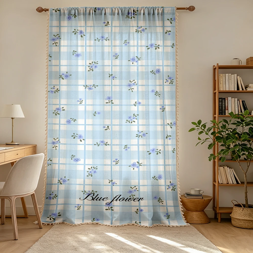 1PC Farmhouse Tassel Sheer Curtains, Gingham Floral, Digital Print, Linen Polyester, for Bedroom Living Room Window, Room Decor