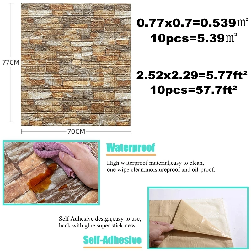 10pcs 3D Marble Brick Wall Stickers Home DIY Luxury Wall Renovation Bathroom Waterproof Foam Self-adhesive 70X77CM PVC Wallpaper