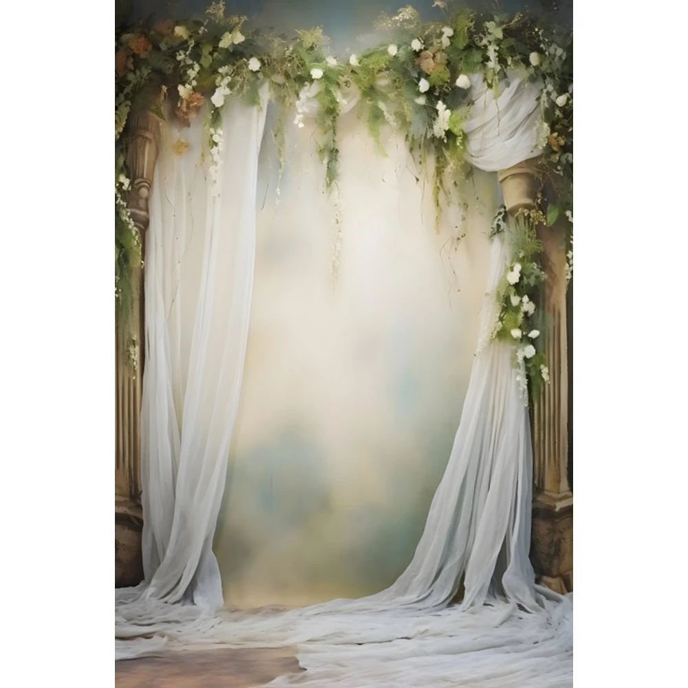 

Elegant Floral Curtain Wedding Photography Background Vintage Style Photo Backdrop for Portrait Bridal Shower Event Home Decor