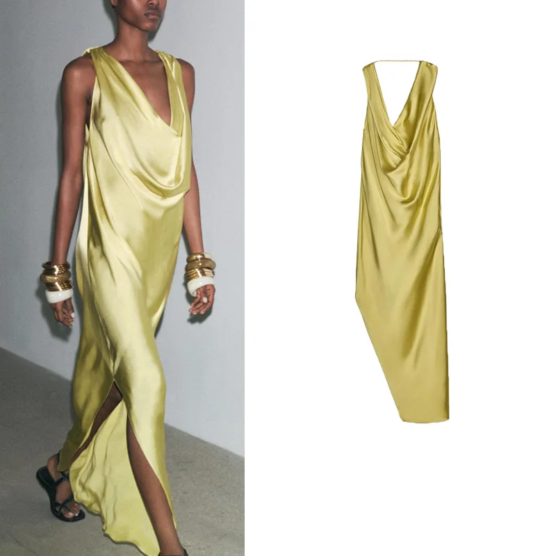 エレガントな夏の新作レディースデザインシルクサテンバックレスノースリーブドレスドレープカラーガウンポリエステル繊維ロングドレス