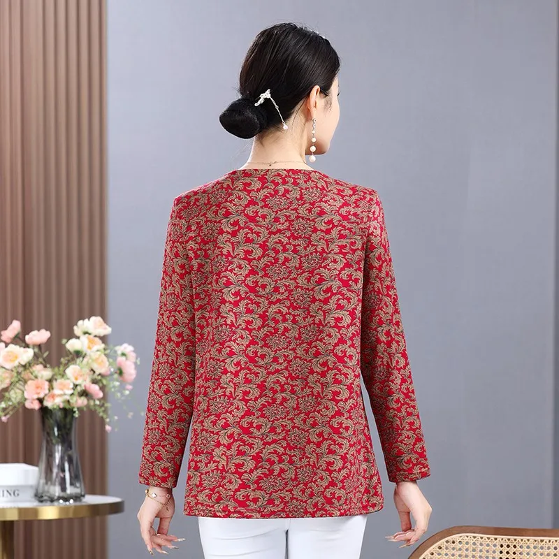 Middle-aged Mother Short sleeve T-SHIRT Spring Summer Shirts Loose O Neck Fashion Elegant Print Blouses Female Casual Tops