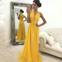 Yellow Bridesmaid dress Simple Evening Dresses 2024 Low-Cut V-Neck Sleeveless Formal Prom Party Dress A-Line Chiffon Long Dress