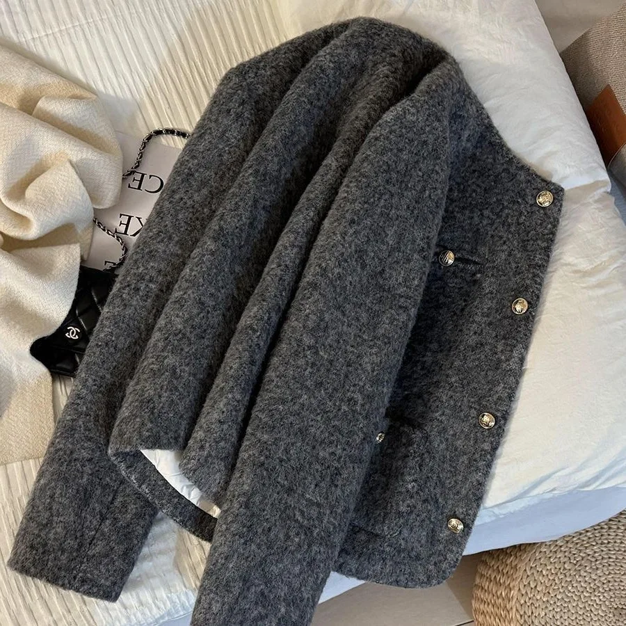 2025 New Grey French Style Short Coat Warm Inner Top Coat Winter Fashionable Compact Pattern Thickened Long Sleeve No Collar #3
