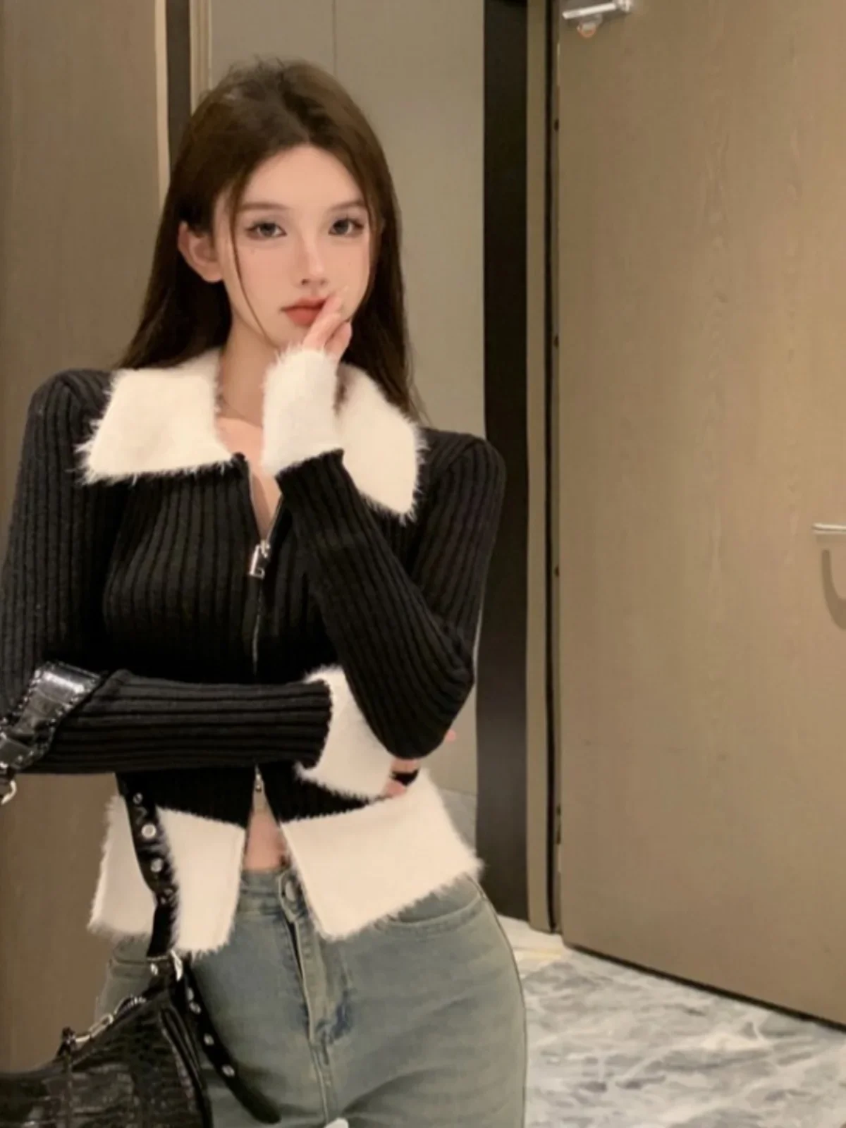 Women Black Cardigan Knitted Sweater Harajuku Korean Y2k 90s Aesthetic Vintage Long Sleeve Sweaters with Collar 2000s Clothes