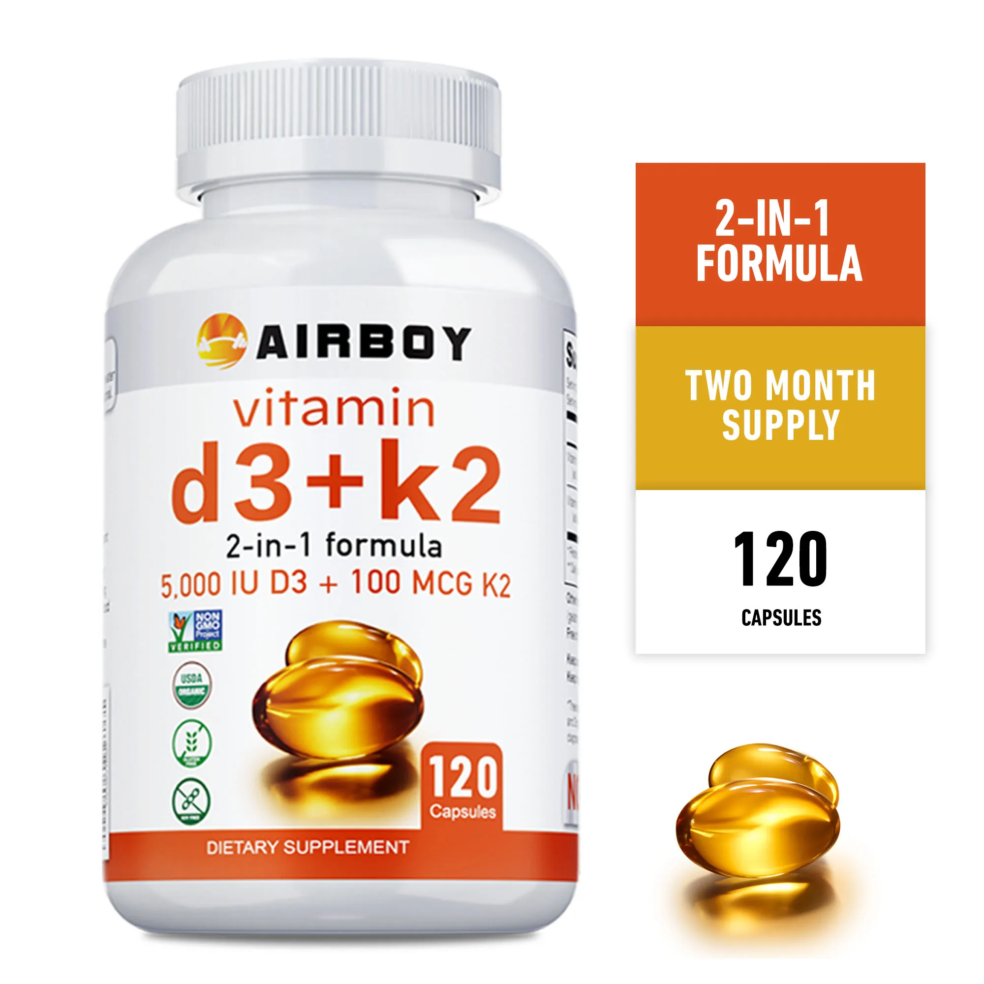 

Витамин D3 + K2 - Регулирует метаболизм кальция, способствует костных зубов и здоровья кожи, поддерживают иммунитет - 120 капсул