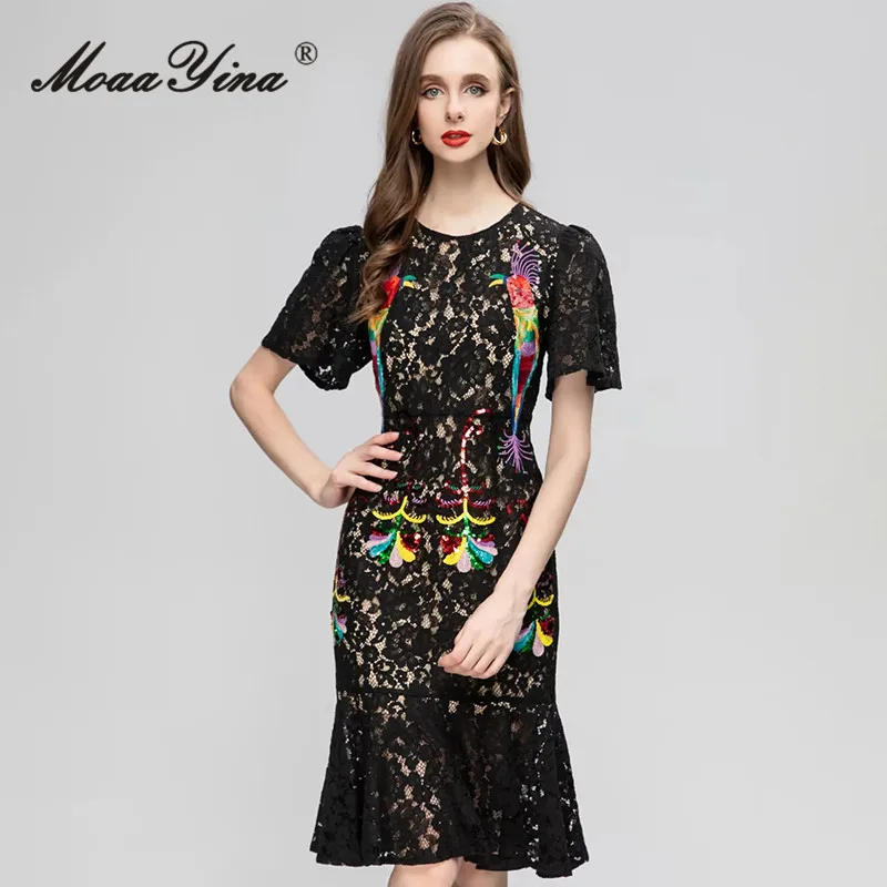 

MoaaYina Summer Fashion Runway Vintage Mermaid Dress Women O-neck Sequin Embroidery Ruffle Hollow Out Package Buttock Midi Dress