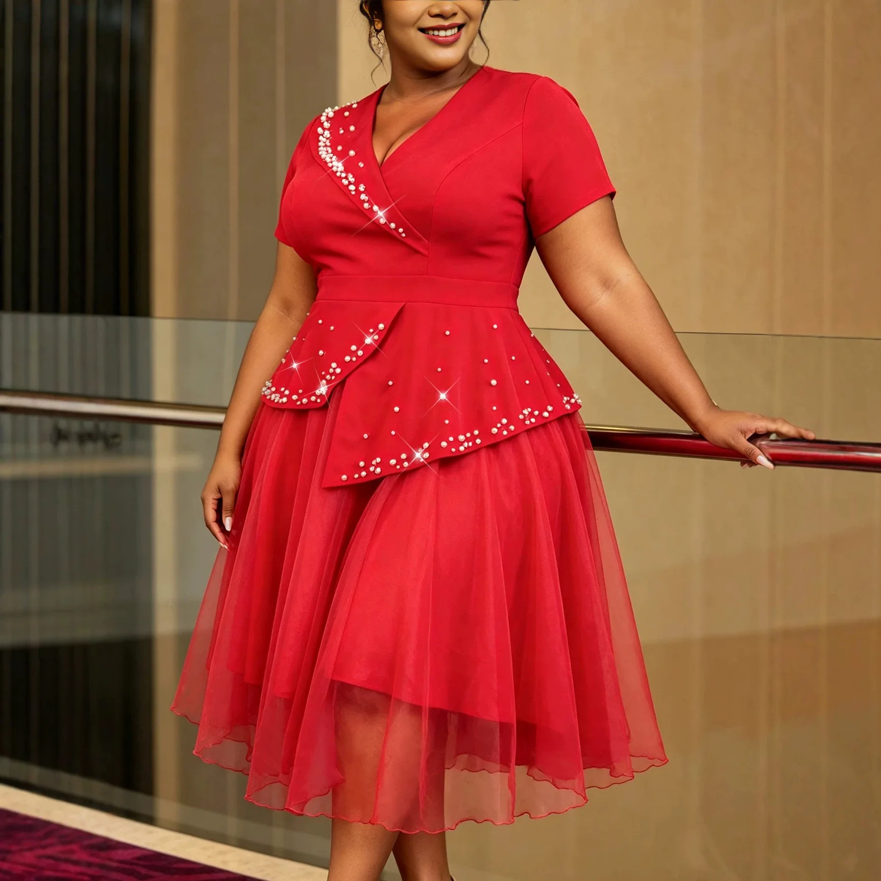 African Women A Line Festival Dress V Neck Short Sleeves Beading Peplum Mesh Hem Party Church Ceremony Wedding Guest Gowns