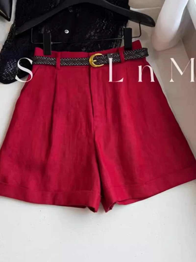 New Summer Wide Leg Shorts Women Retro Elegant Casual High Waist Pleated Office Red Linen  All Match Soft