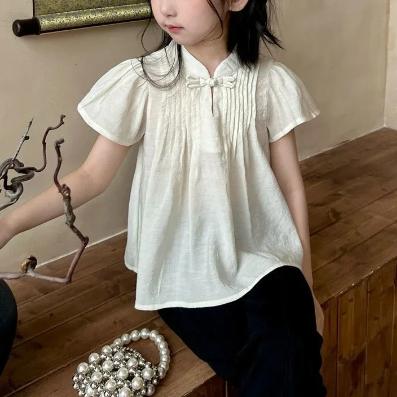 New Chinese Style Buckle Doll Shirt 2025 Summer Girls' Short Sleeved T-shirt with A Stylish A-list Style Lightweight Top