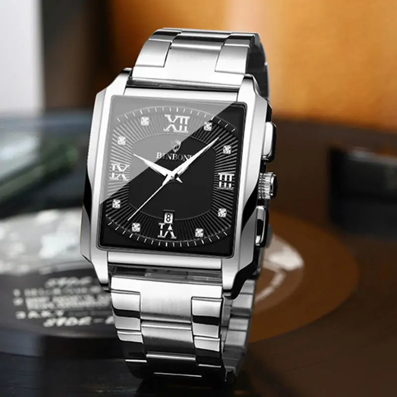 

Top Luxury Men Watch Square Golden Quartz Stainless Steel Silver Sports Date Man Wrist Watches Male Clock Relogio Masculino