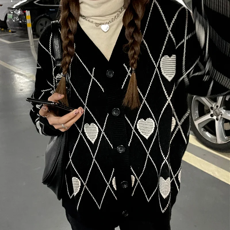 2023 Fall Oversized Cardigan Women Fashion V Neck Black Sweater Heart Jacquard Loose Single Breasted Winter Clothes Office Lady