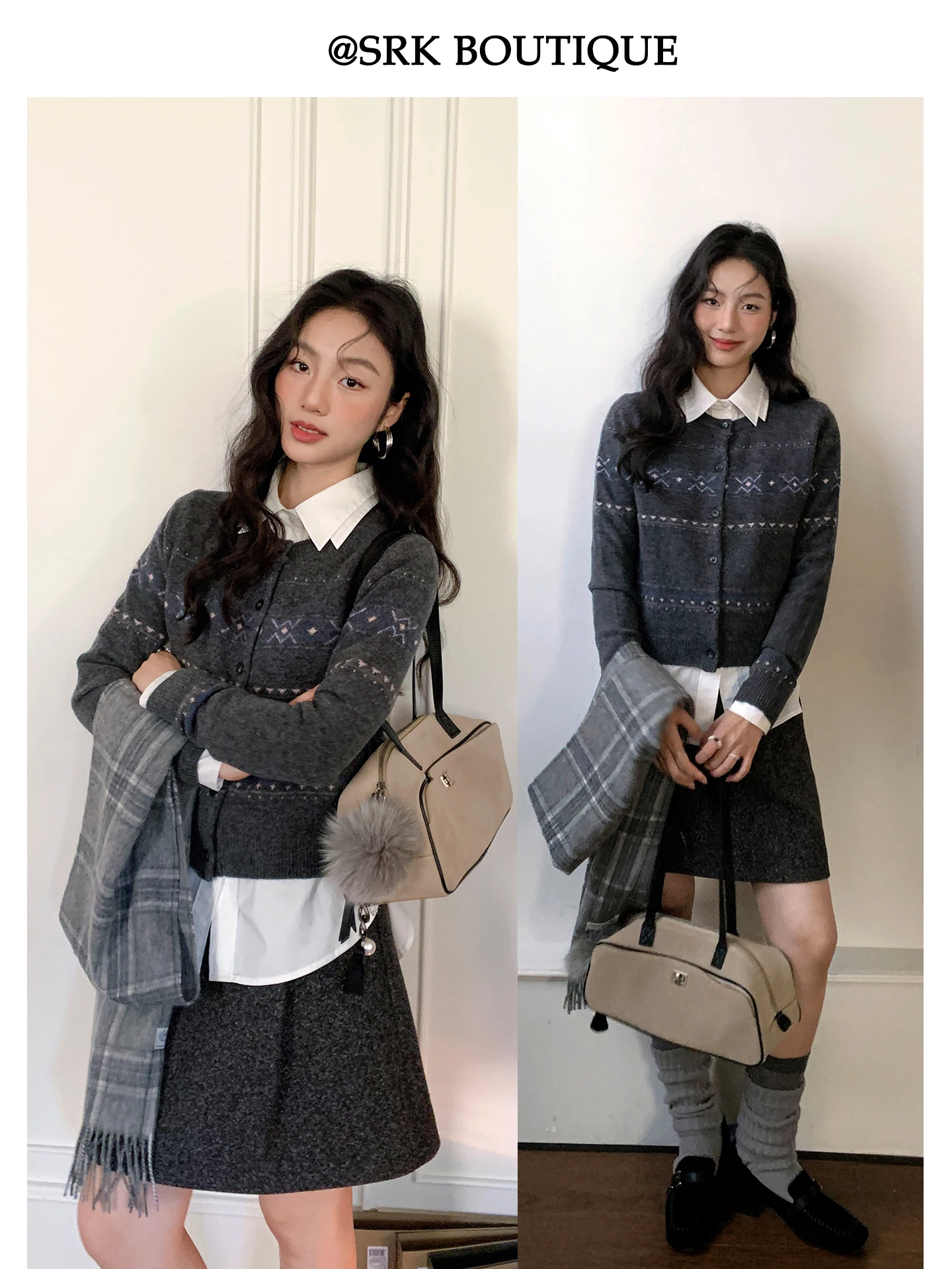 

Шерстяной свитер SRK Fair Isle с длинными рукавами, вышивкой в виде ромбов, осенне-зимняя новинка, винтажный стиль, женский кардиган