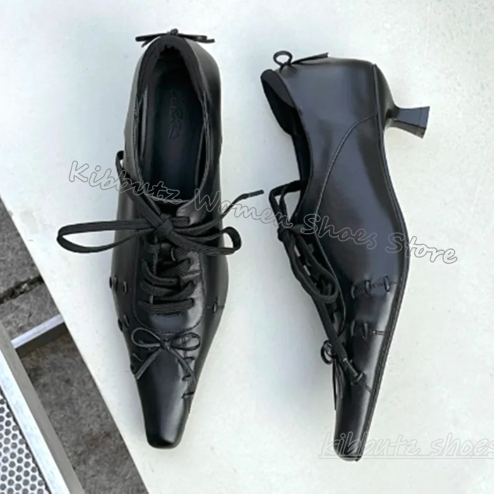 

Vintage Lace-Up Pumps Leather Bows Solid Color Fashion Novelty Sexy Concise Sweet Party Women Shoes Newest Pointed Toe Flat with