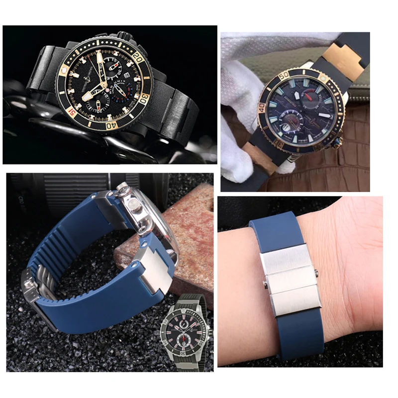 Silicone Rubber Watchband 22mm Curved for Ulysse Nardin DIVER 263 Strap Black Brown Blue 25*12mm Raised Waterproof Watch Band