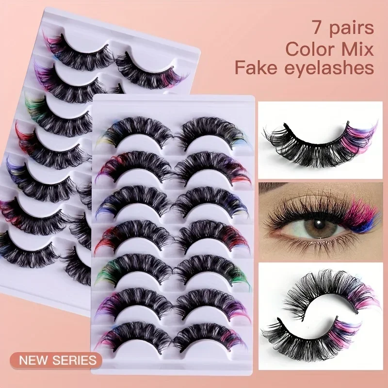 7 Pairs of Colored False Eyelashes 3D Mink DD Curly Fluffy Eyelashes Russian Curly Natural Thick Fluffy Eyelashes