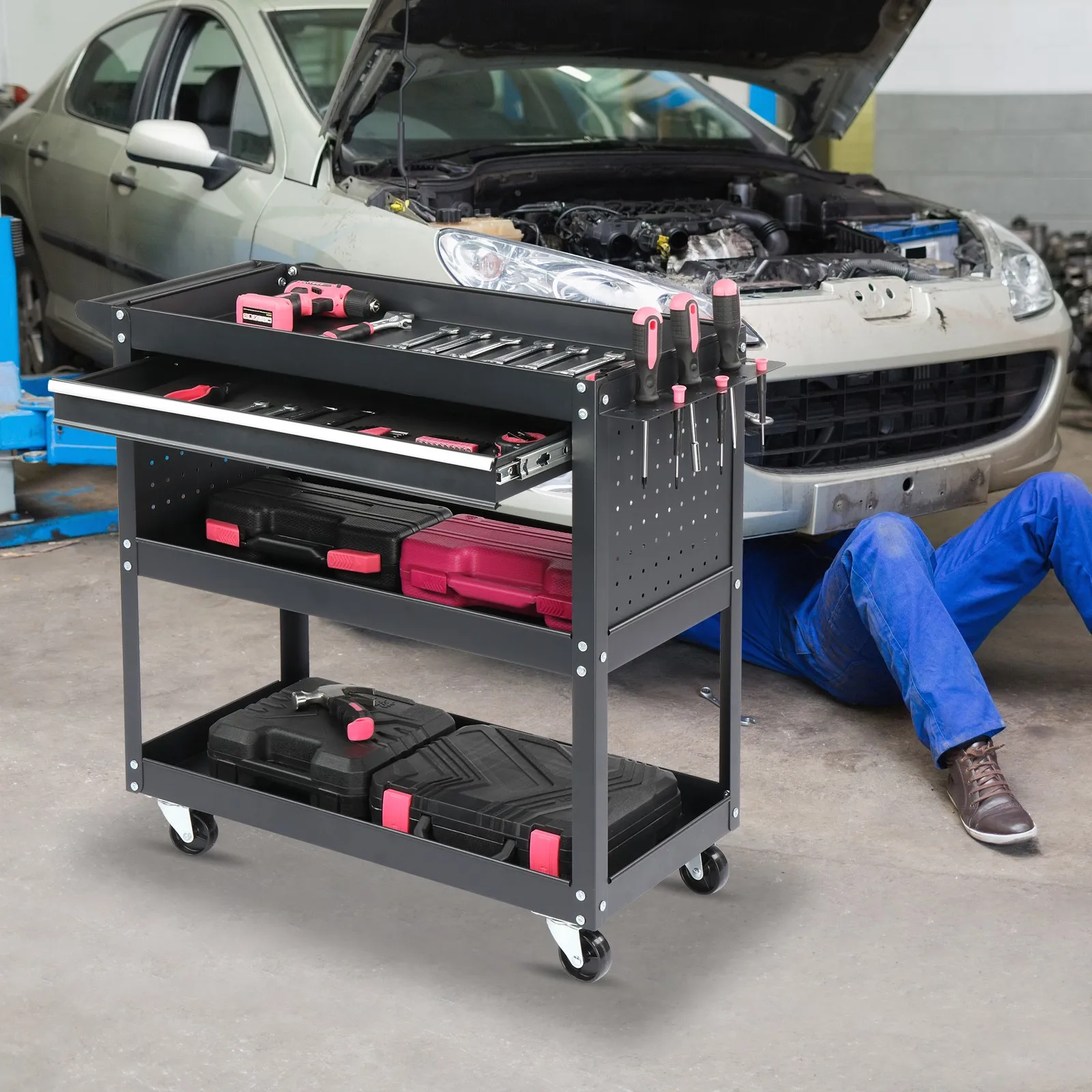 Heavy Duty Rolling Tool Cart with 3-Tiers, Drawer, Pegboard 