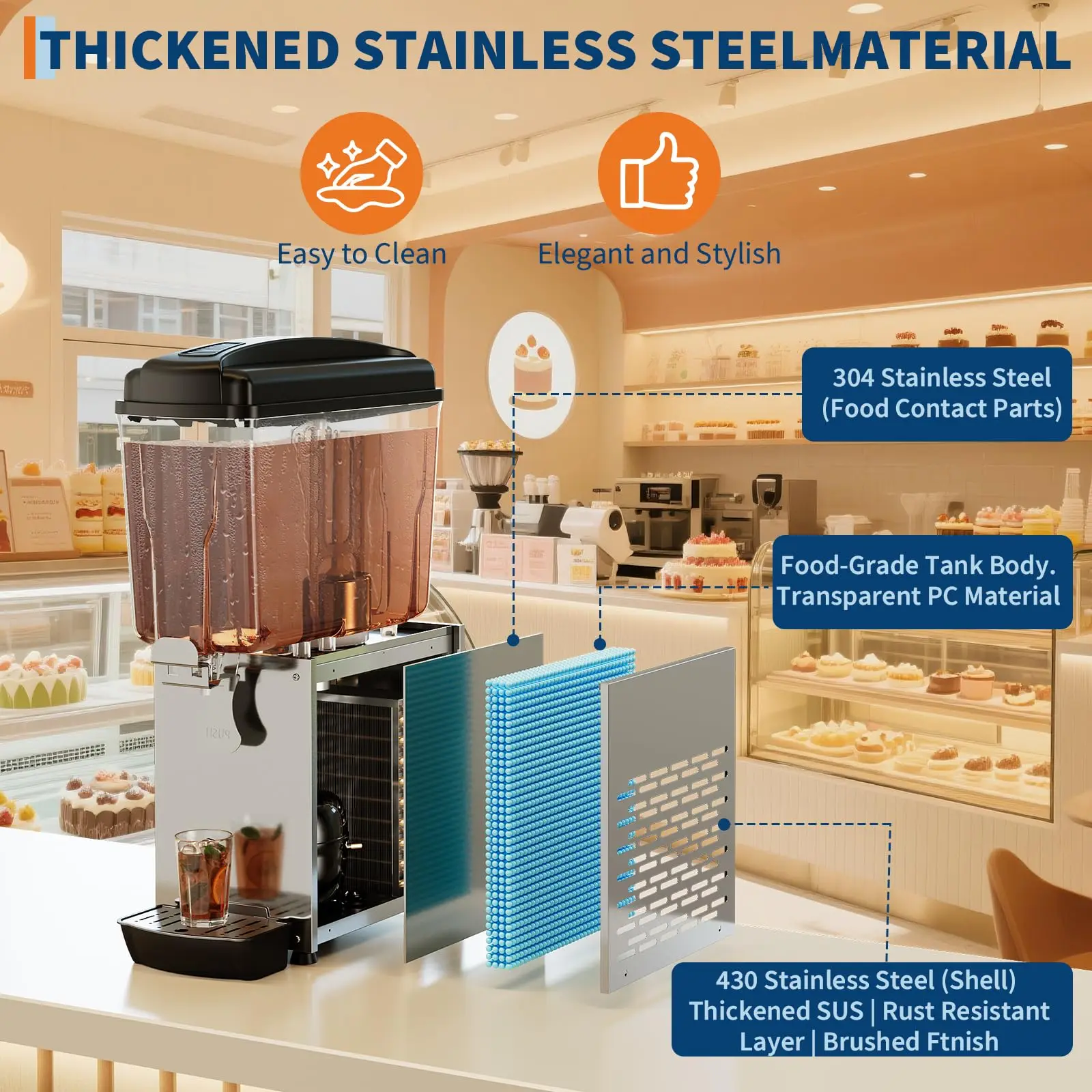 18L 상업용 음료 디스펜서 스테인리스 스틸 청소 용이 빠른 냉각 식품 등급 아이스티 주스 기계 호텔 파티용