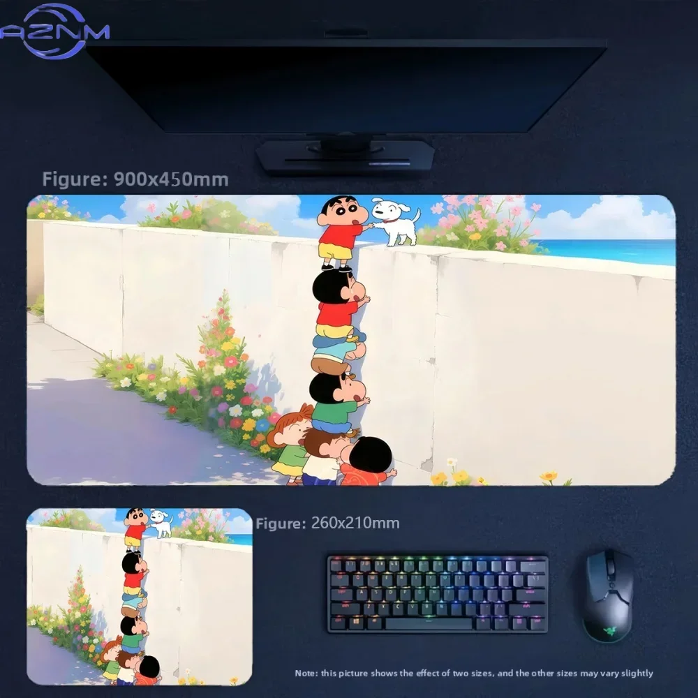 Cute Crayon Shin‑chan Anime Mousepad, Rubber Non‑Slip Large Desk Mat, Colorful Blue Floral Gaming Mouse Pad for Keyboard Laptop