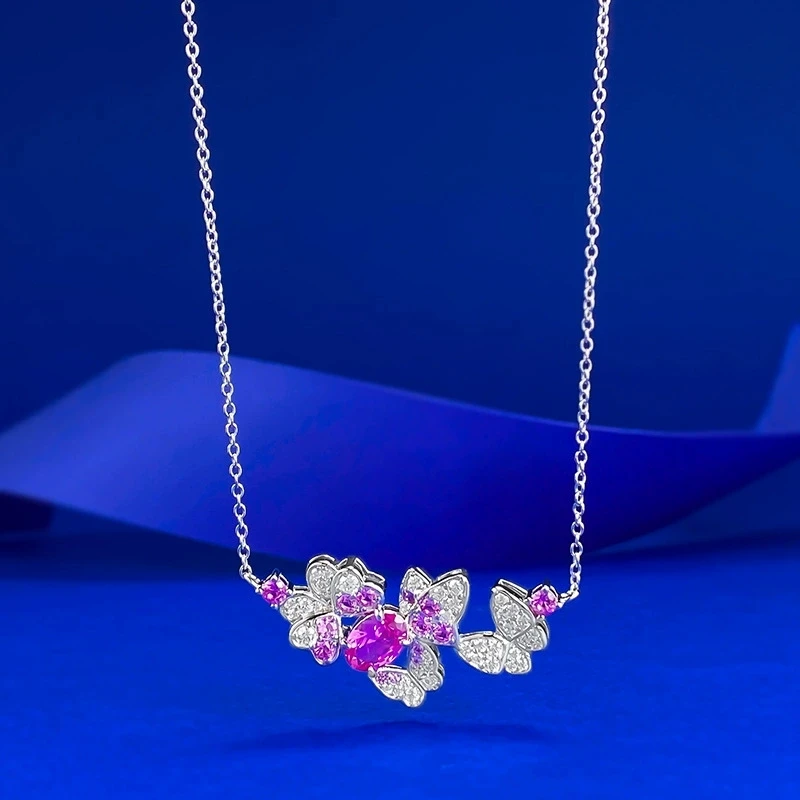 

S925 Серебристо-розовое ожерелье «Бабочка Фея» 1 карат Голубиное яйцо Розовое ожерелье