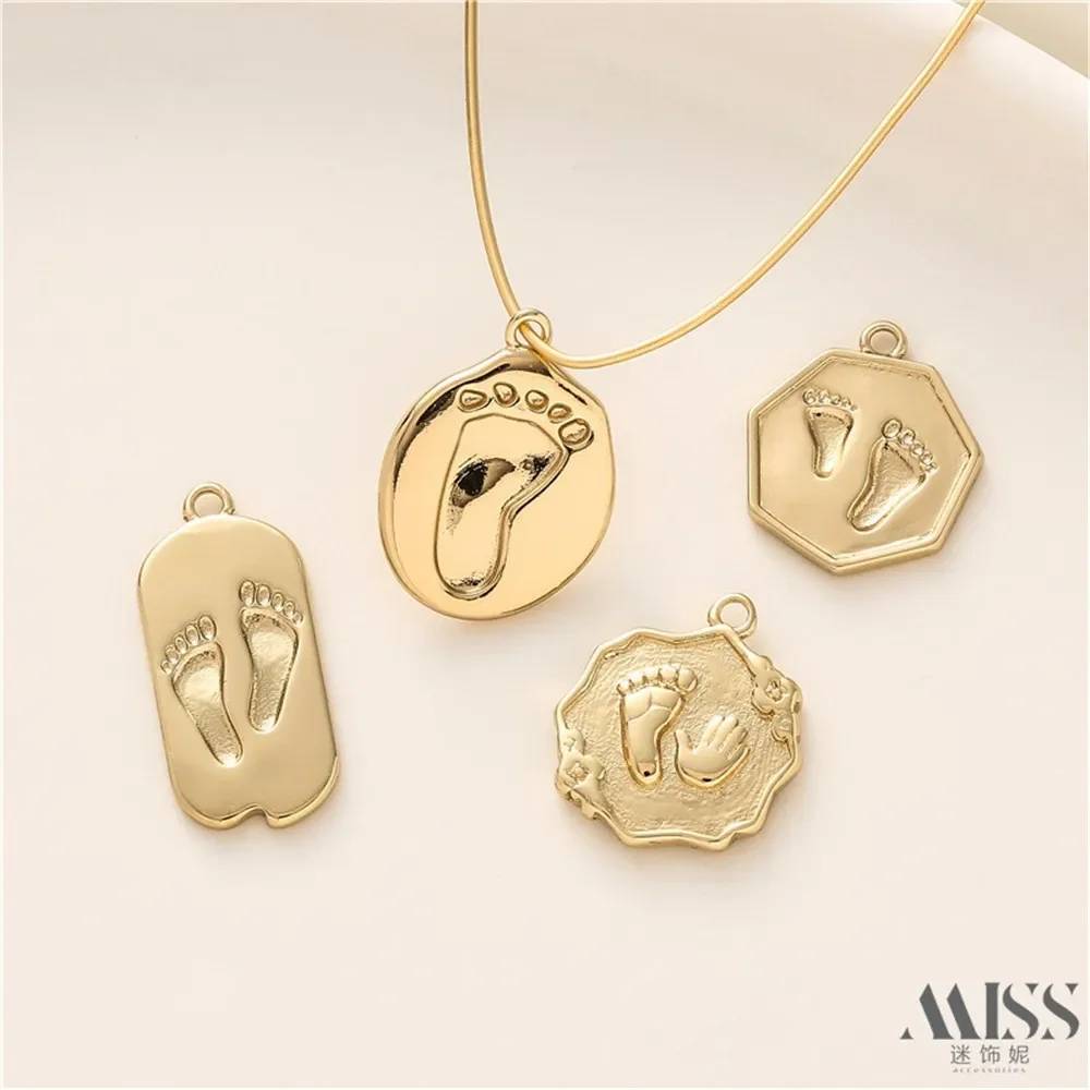 14K Gold Color Single Double Foot Print Palm Print Pendant DIY Accessories Handmade Bracelet Necklace Decorative Charm Pendant