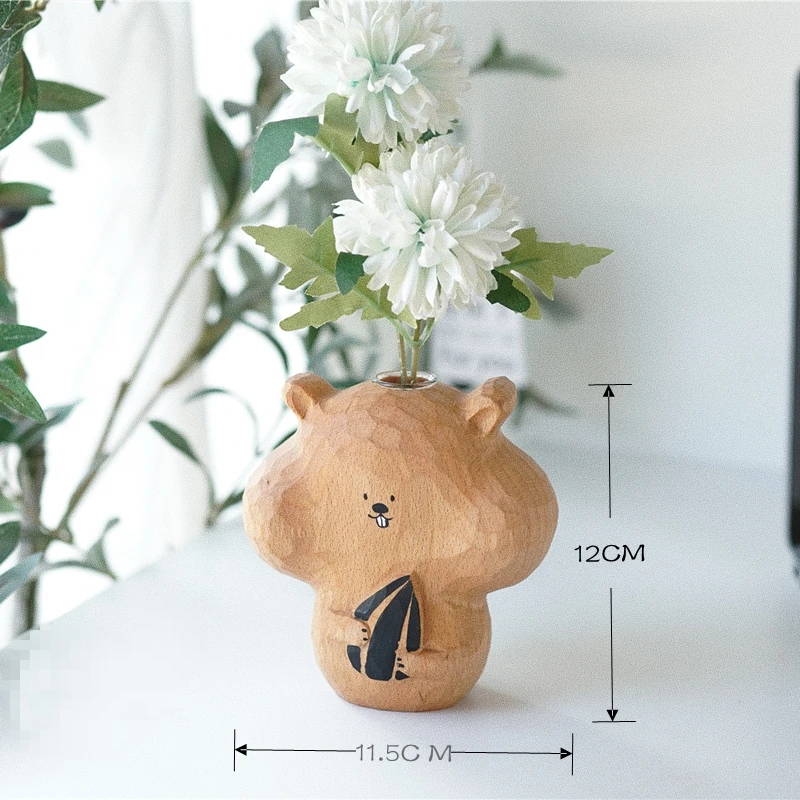 Handmade woodcarving hamster ornament creative flower arrangement solid wood flower vase decoration