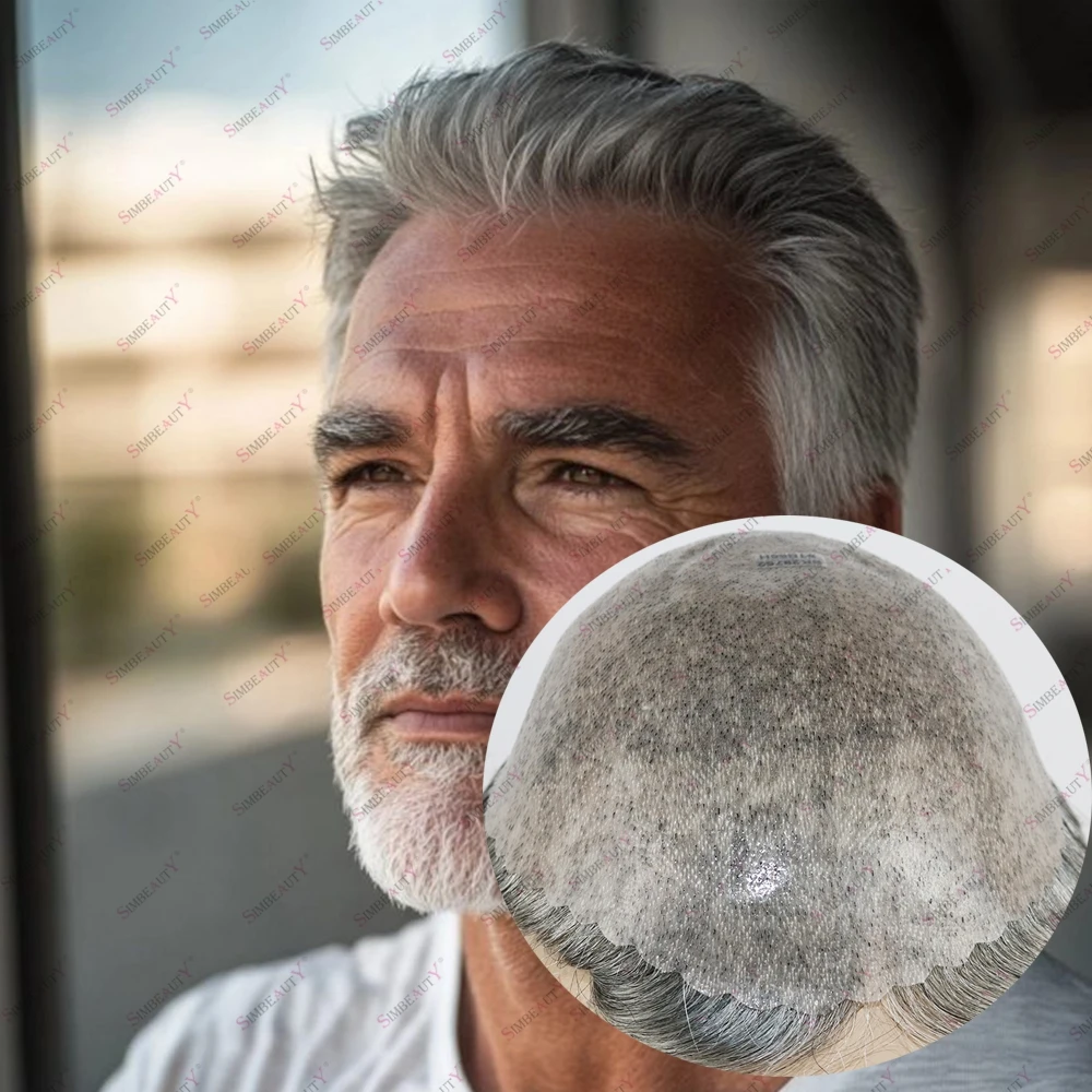 

Old Men's Human Hair Durable Thin Skin Base 1B80 1B65 Natural Hairline Toupee Hairpieces Undetectable Poly PU Base Bald Men Wig
