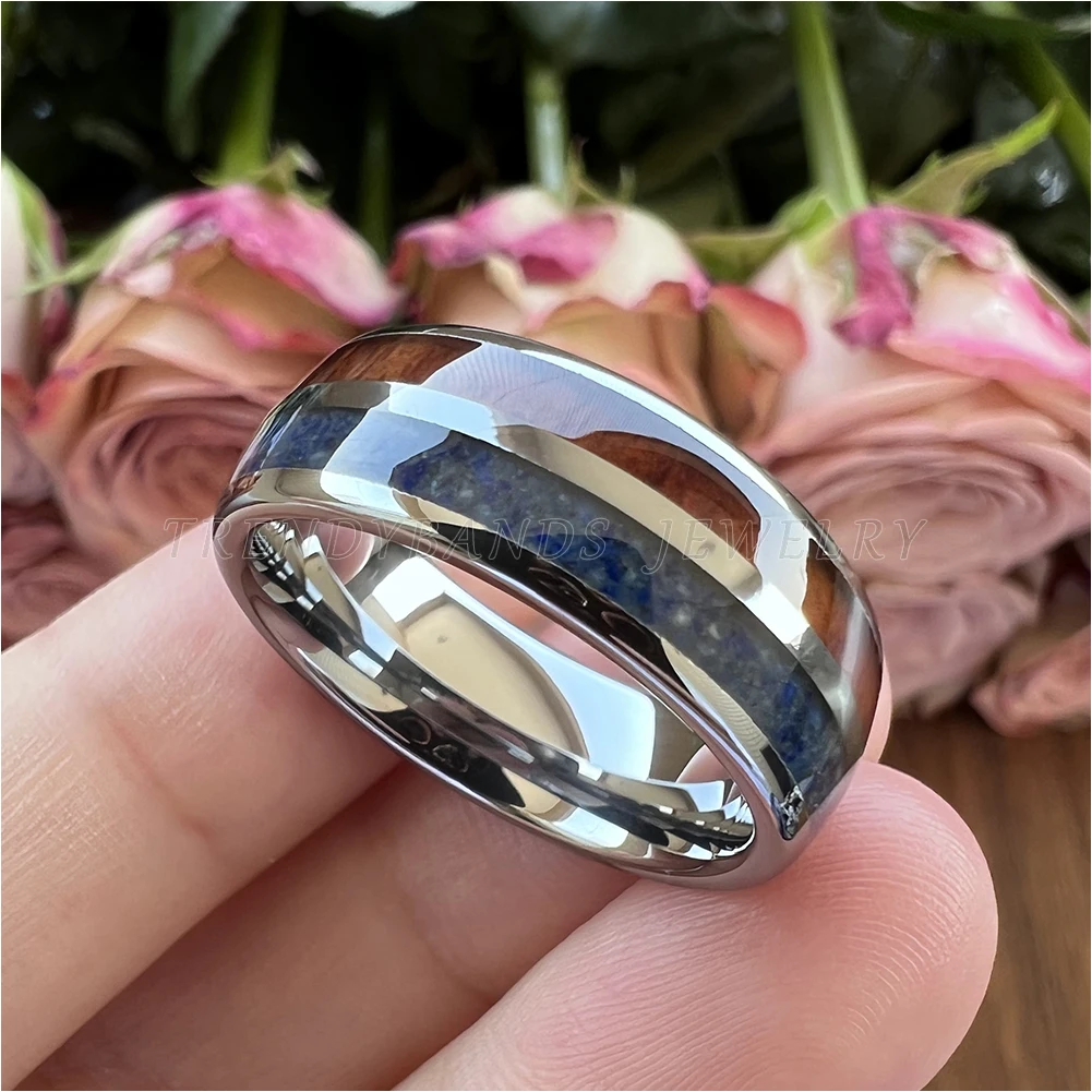 8mm Tungsten Carbide Wedding Band for Men Women Engagement Fashion Finger Ring Koa Wood Lapis Lazuli Inlay Domd Comfort Fit