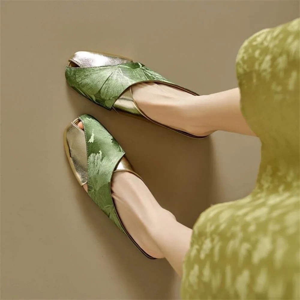 Baotou Slippers for Women's Summer Soft Leather Chinese Style Printed Color Blocked Square Toe Hollow Flat Bottom Lazy Slippers