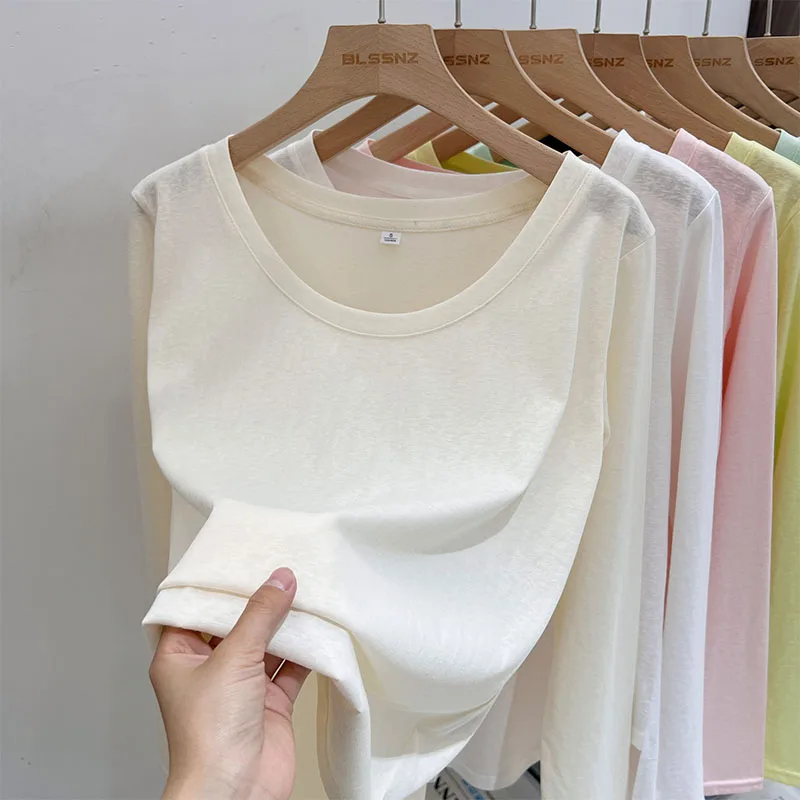 2026 Neues Lässiges Damen-T-Shirt mit O-Ausschnitt, Modisches Einfarbiges Langarm-Shirt, Locker Sitzend, Sonnenschutz, Koreanischer Stil, Einfache Basis-Schicht Oberteil