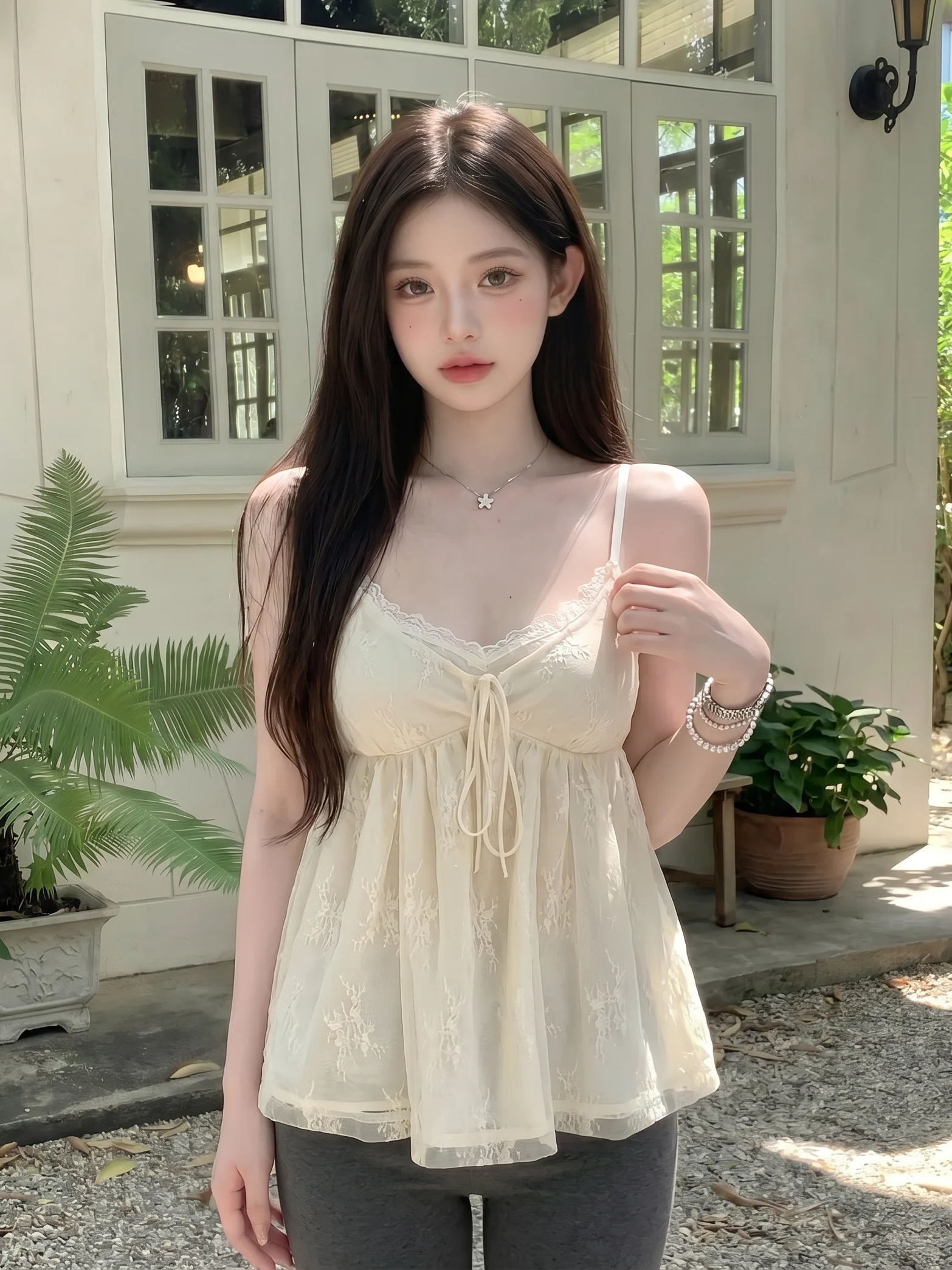 

Summer Lace Splice Strapless Vest White Design Sensation Sleeveless Top Gentle Style V-neck Polyester Blend Loose Fit Outerwear