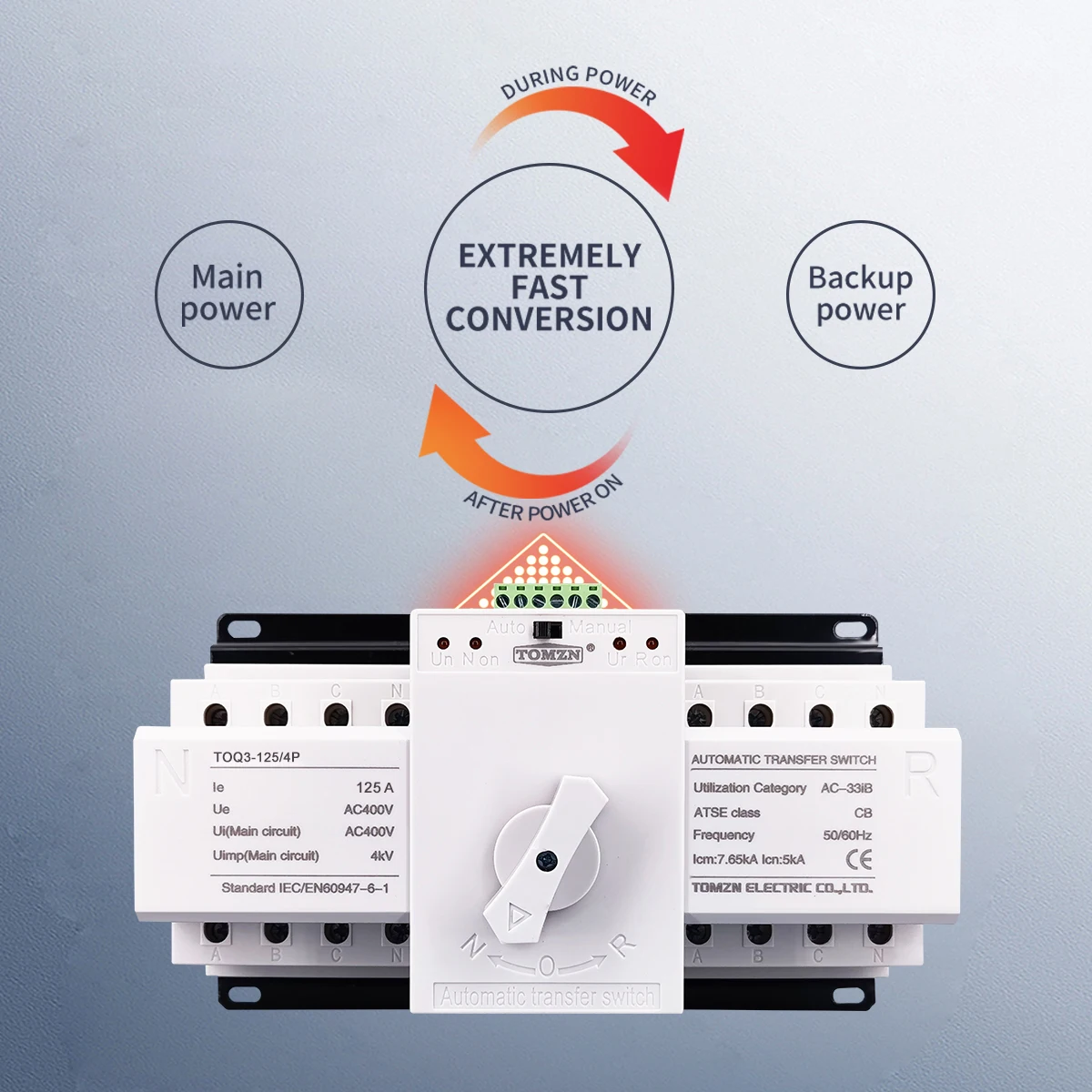 ATS 4P 125A 3 phase 4 wire 230V MCB type Dual Power Automatic transfer switch TOMZN TOQ3-4P/125 PV city power Generator