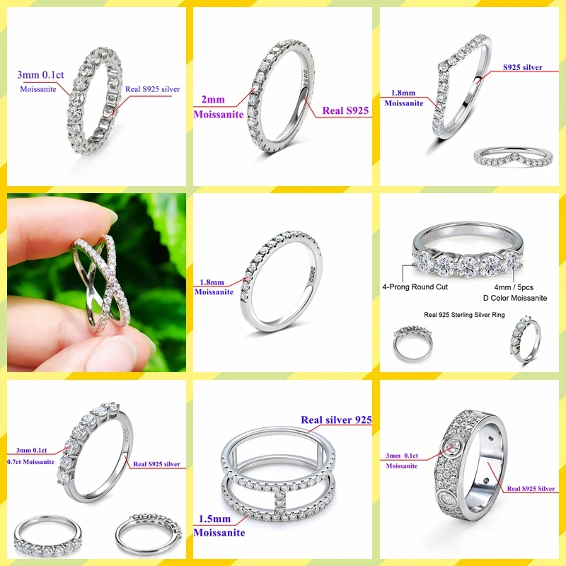 Bague ronde D VVS Moissanite pour hommes et femmes, bracelet d\'éternité complet, bijoux en argent regardé 925, cadeau de fiançailles, fête de