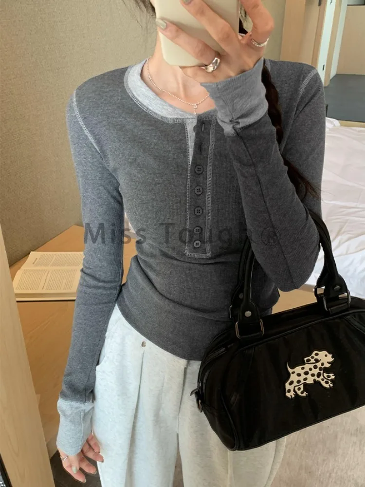 Korean Y2k Series Contrast Color Knit T-shirt Women Autumn 2024 New Long Sleeve Inner Wear Slim Fit Short Round Neck Base Tops