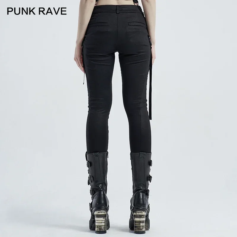 PUNK RAVE Women\'s Punk Handsome Skinny Leggings Streetwear Bandage Design Casual Trousers Waist Side Yellow-green Splicing