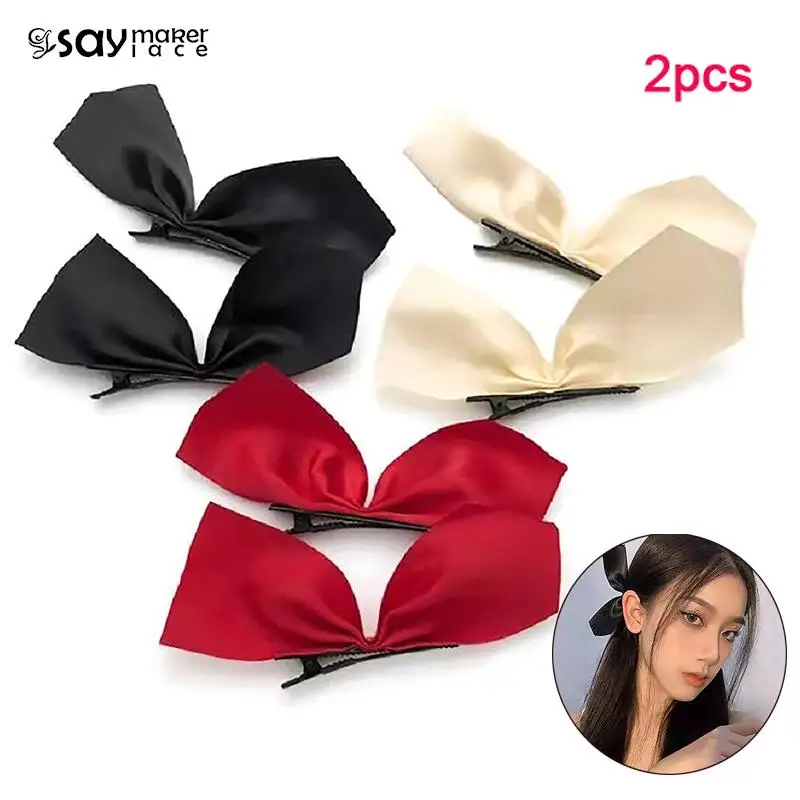 1Pair Black White Satin Bow Side Clips Vintage Bowknot Hairpin Sweet Cute Barrettes Headdress For Women Girls Hair Accessories