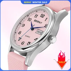 BERNY Woman Watch Calendar Weeks Quartz Women's Wristwatch S/S Soft Silicone Strap Easy Read Casual Ladies Watches Waterproof