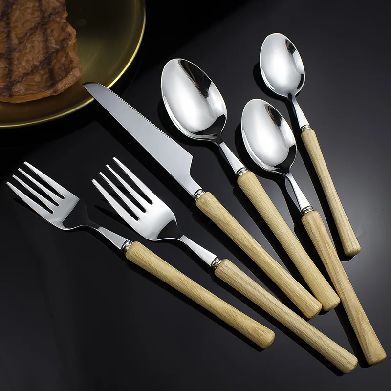 Wooden Handle Cutlery Set 304 Stainless Steel Knife Fork Spoon Teaspoon Dinnerware Set  Japanese Tableware Kitchen Utensils