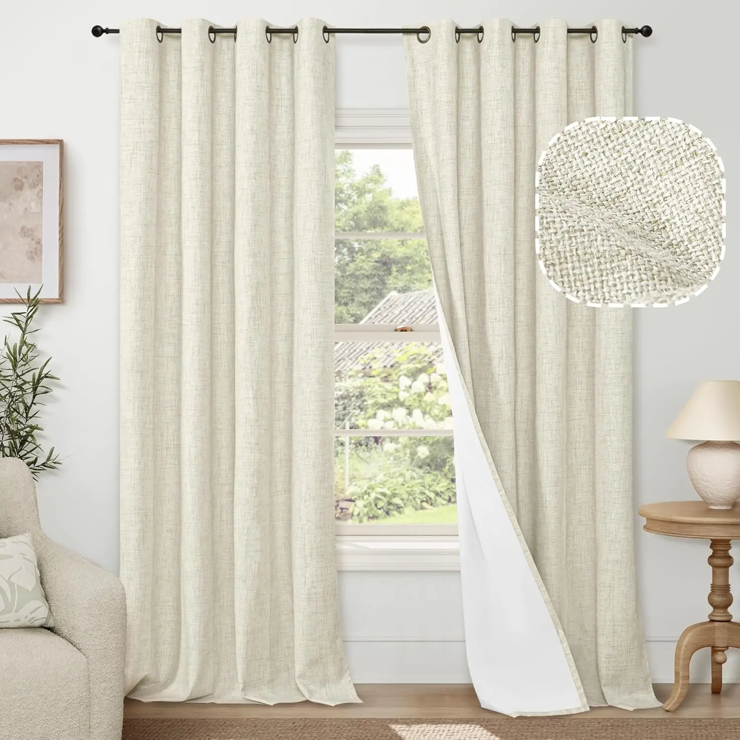

Blackout Curtains for Bedroom - Linen Black Out Curtains 84 Inch Long Thermal Insulated Burlap Grommet Window Drapes for