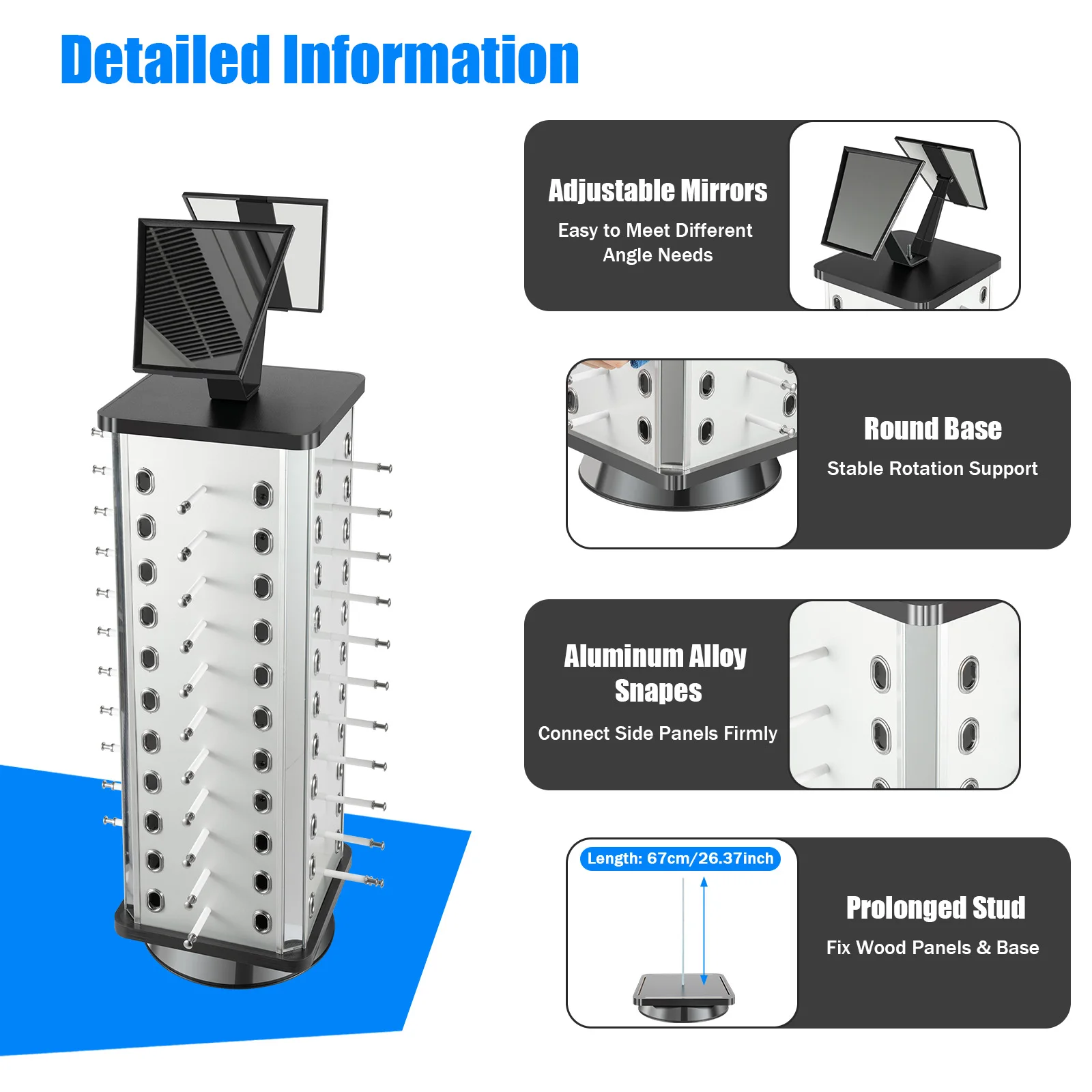 

Rotating Eyeglass Display Stand, 44 Pairs Capacity, 360° Rotatable Glasses Holder with Adjustable Mirror for Optical Shops ﻿