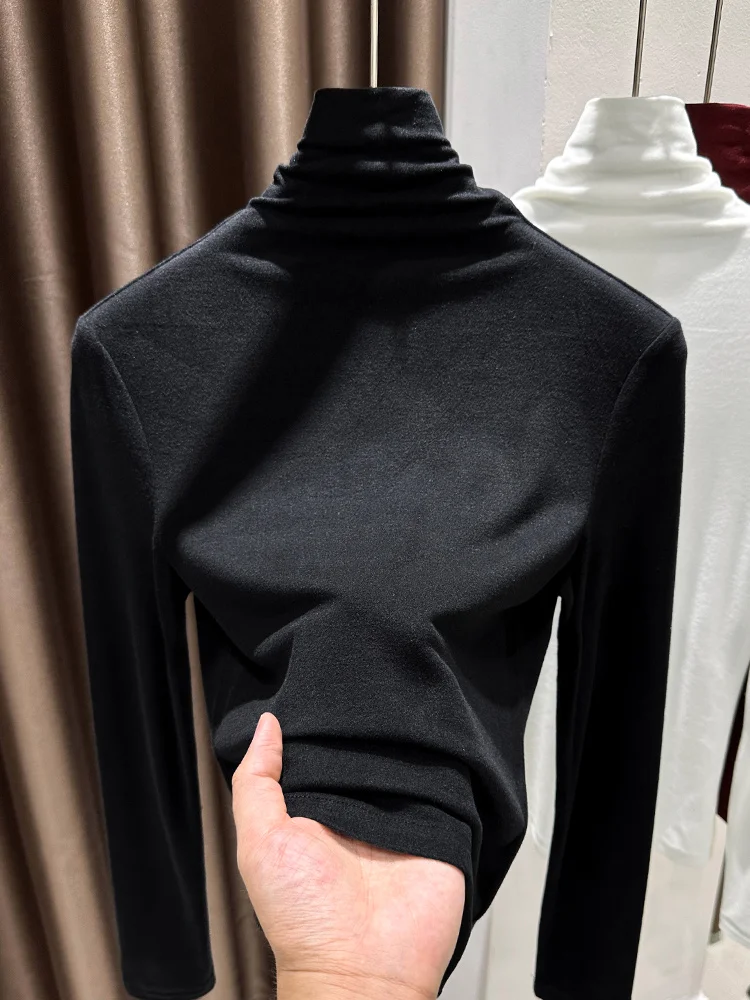 

Женская зимняя базовая кофта с высоким воротником из тонкой шерсти, двусторонний вельвет, облегающий крой, длинный рукав