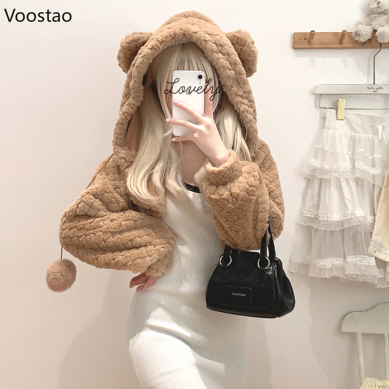 Vintage Bear Bunny Ears Hooded Coats Women Sweet Y2k Cute Plush Ball Warm Cardigan Short Jackets Female Korean Chic Outwear Tops