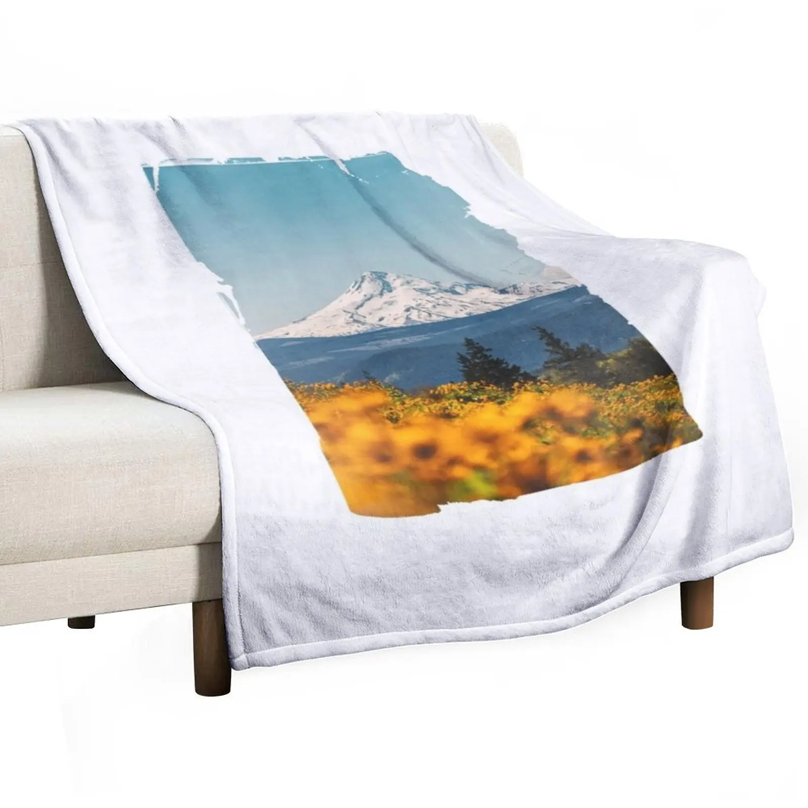 Vintage Mount Hood from Columbia River Gorge with Sunflowers Throw Blanket For Sofa Thin Furry Blankets