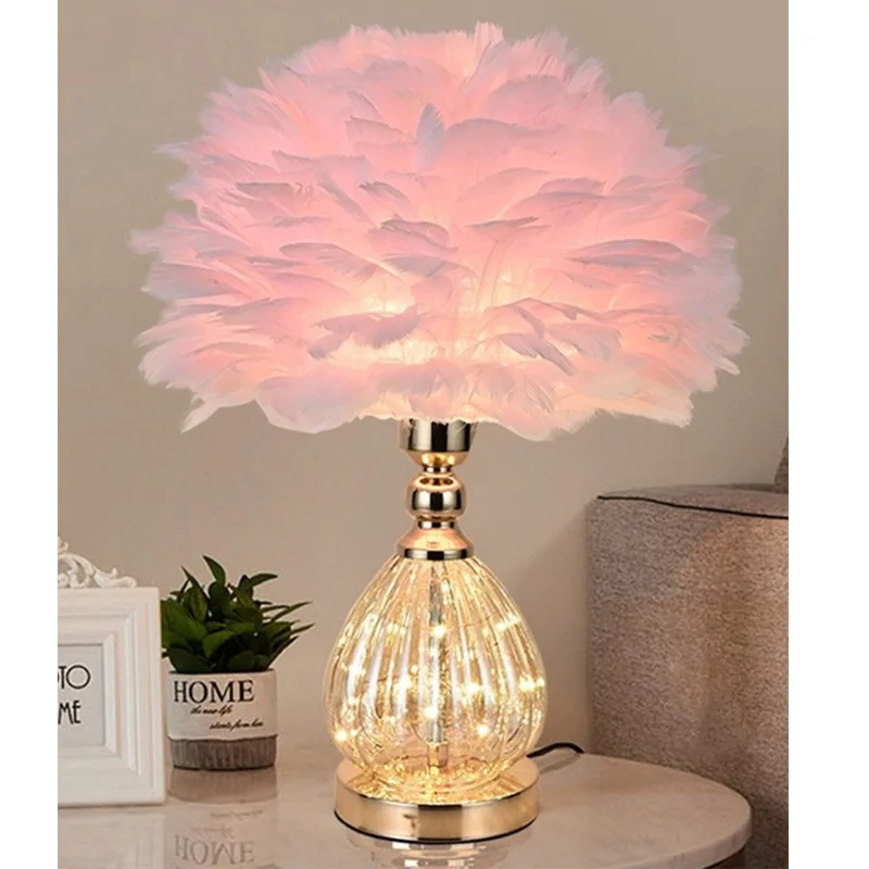 Feather table lamp household bedroom Nordic simple modern lamp warm romantic wedding room decoration bedside night lamp