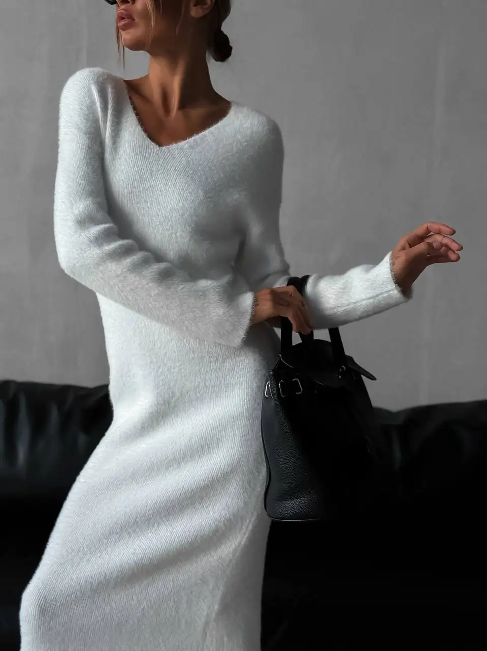 Hirsionsan Winter Warm V-Neck Elastic Knit Long Dresses Women 2023 Elegant Chic Soft Lady Sweater Dresses Women Robe Femme