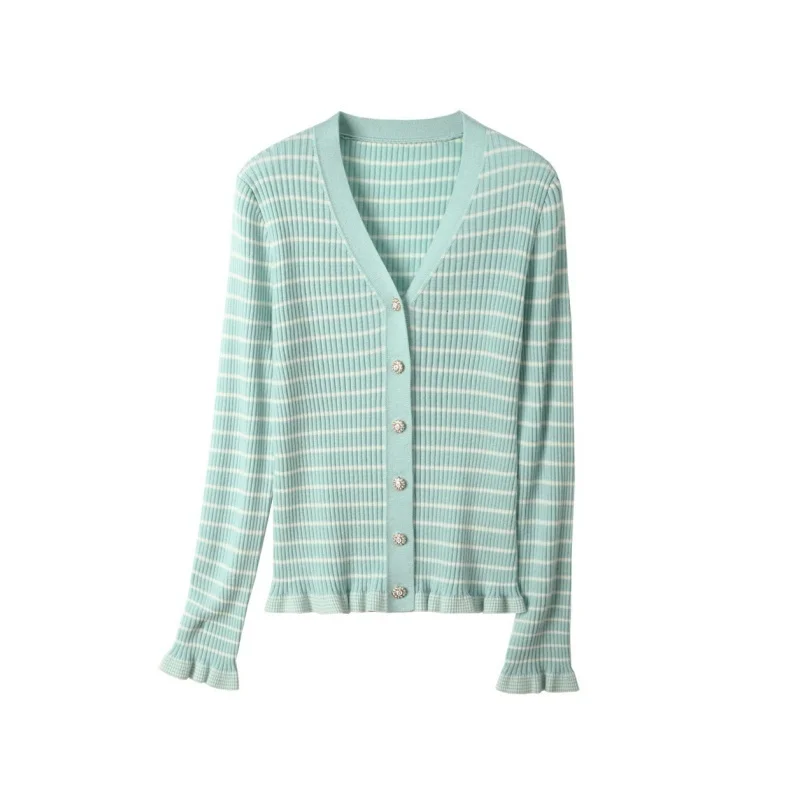 

Women 31% Wool Blend Striped Cardigan Spring V-neck Slim Ruffles Single Breasted Knitted Sweater