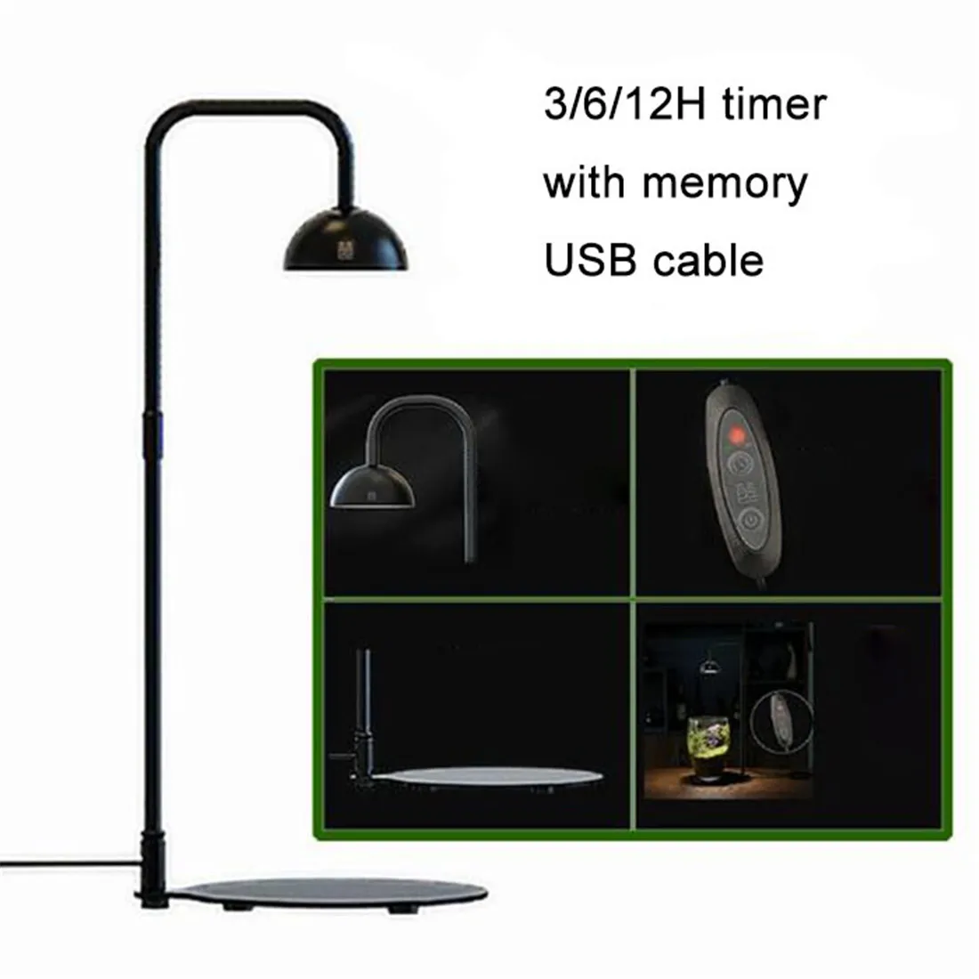 ไฟปลูกต้นไม้ LED แบบ USB สีดำ พร้อมตัวตั้งเวลาแบบหน่วยความจำ 3/6/12 ชั่วโมง สำหรับไม้อวบน้ำ, ตะไคร่น้ำ, การจัดสวนขนาดเล็ก, ตู้ปลาเบต้า