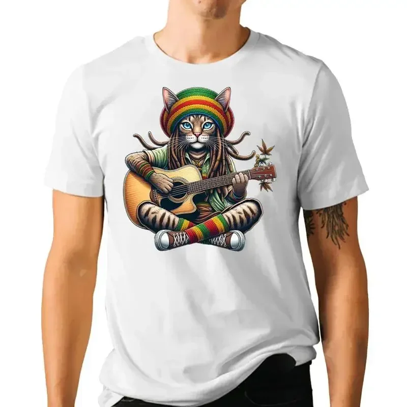 Rastafarian Cat Playing Guitar T Shirt Reggae Music Novelty