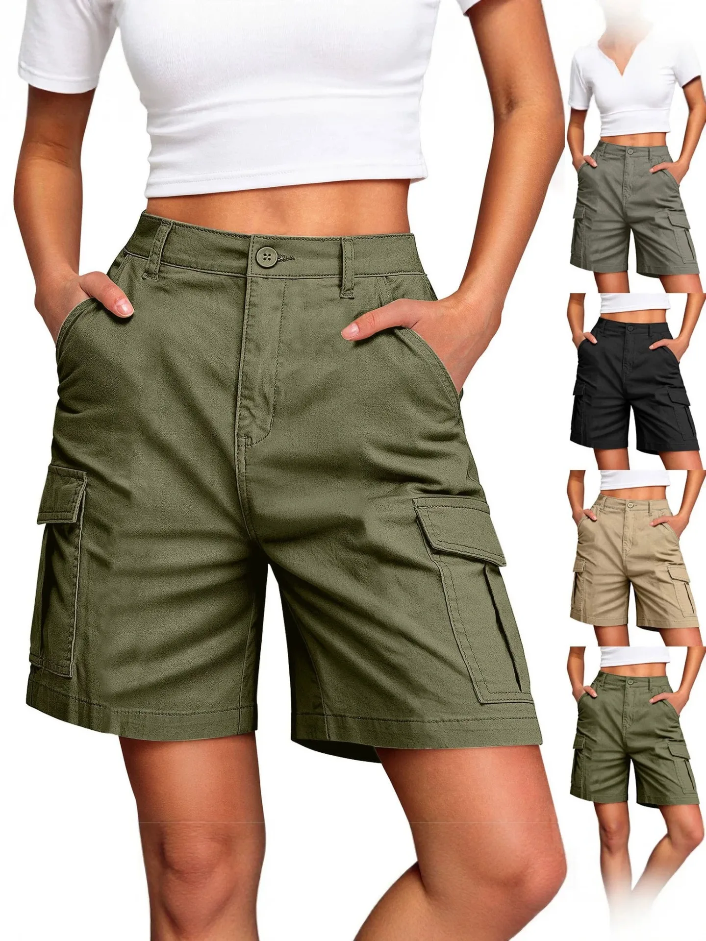 Women's Sporty Mid Waist Knee Length Shorts with 3D Pocket Contrast Panel Solid Color Casual Summer Bottoms for Outdoor Wear