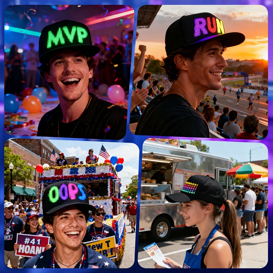 LED Snapback Hat Cap- Programmable APP-Controlled LED Scrolling Messages Light Up Display Baseball Cap Luminous Glowing Custom Hats for Men Party Club （AAA Battery Version） Black